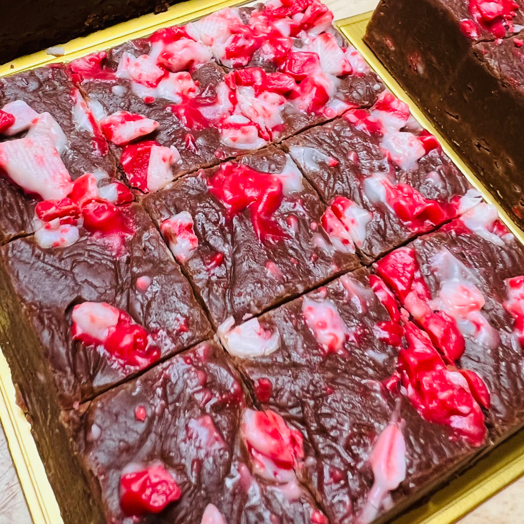Close up of chocolate candy cane fudge